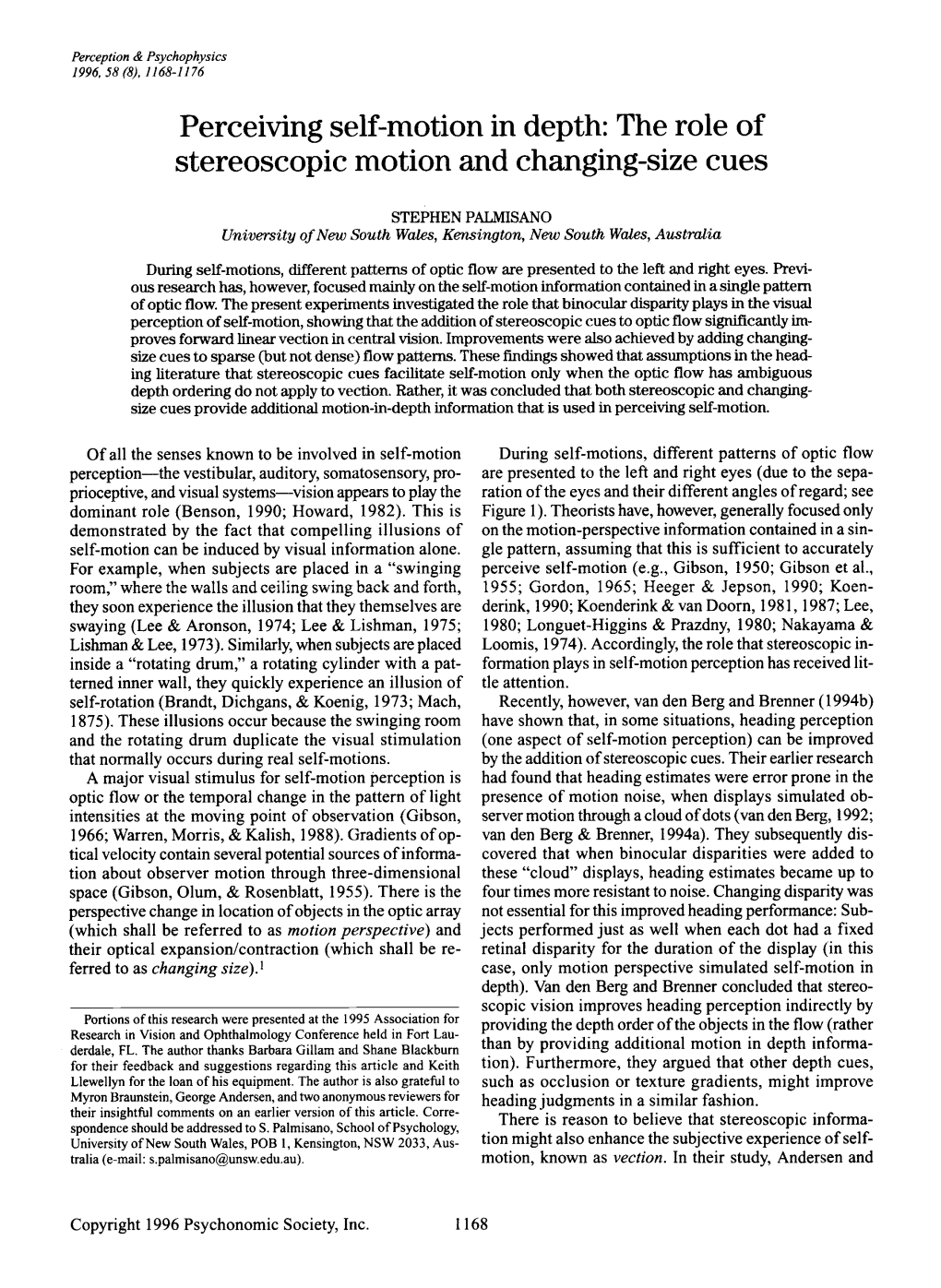 Perceiving Self-Motion in Depth: the Role of Stereoscopic Motion and Changing-Size Cues