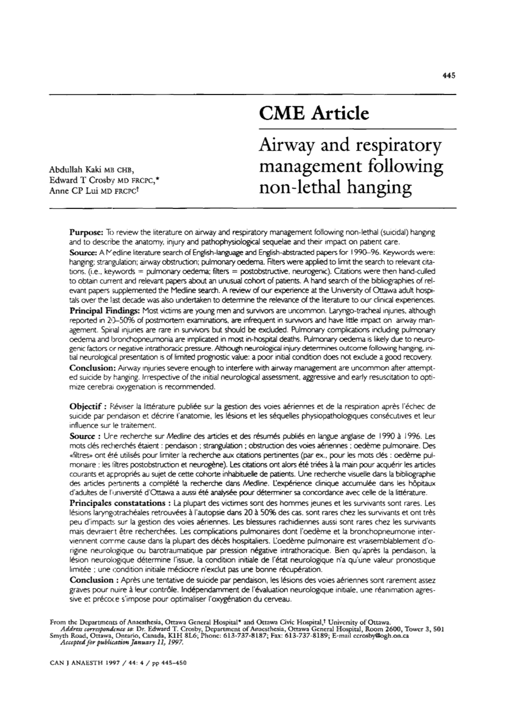 Airway and Respiratory Management Following Non-Lethal Hanging