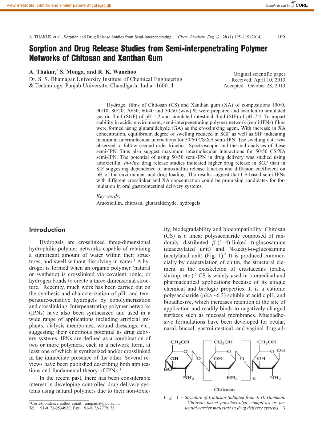 Sorption and Drug Release Studies from Semi-Interpenetrating Polymer Networks of Chitosan and Xanthan Gum