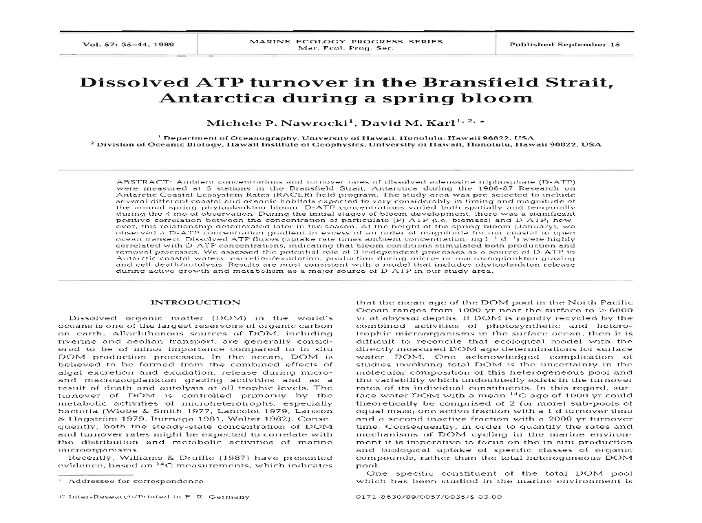 Dissolved ATP Turnover in the Bransfield Strait, Antarctica During a Spring Bloom