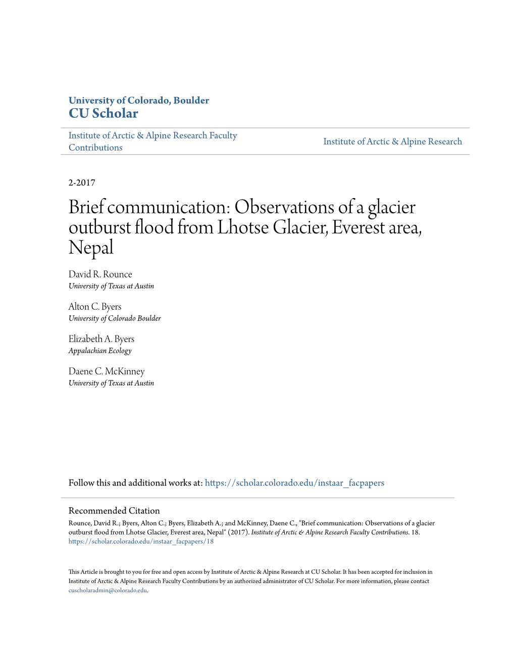 Observations of a Glacier Outburst Flood from Lhotse Glacier, Everest Area, Nepal David R