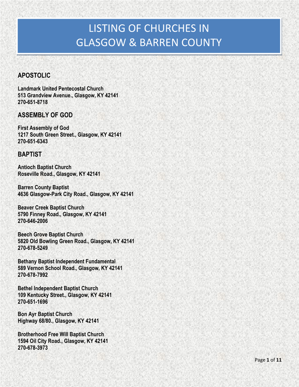 Listing of Churches in Glasgow & Barren County