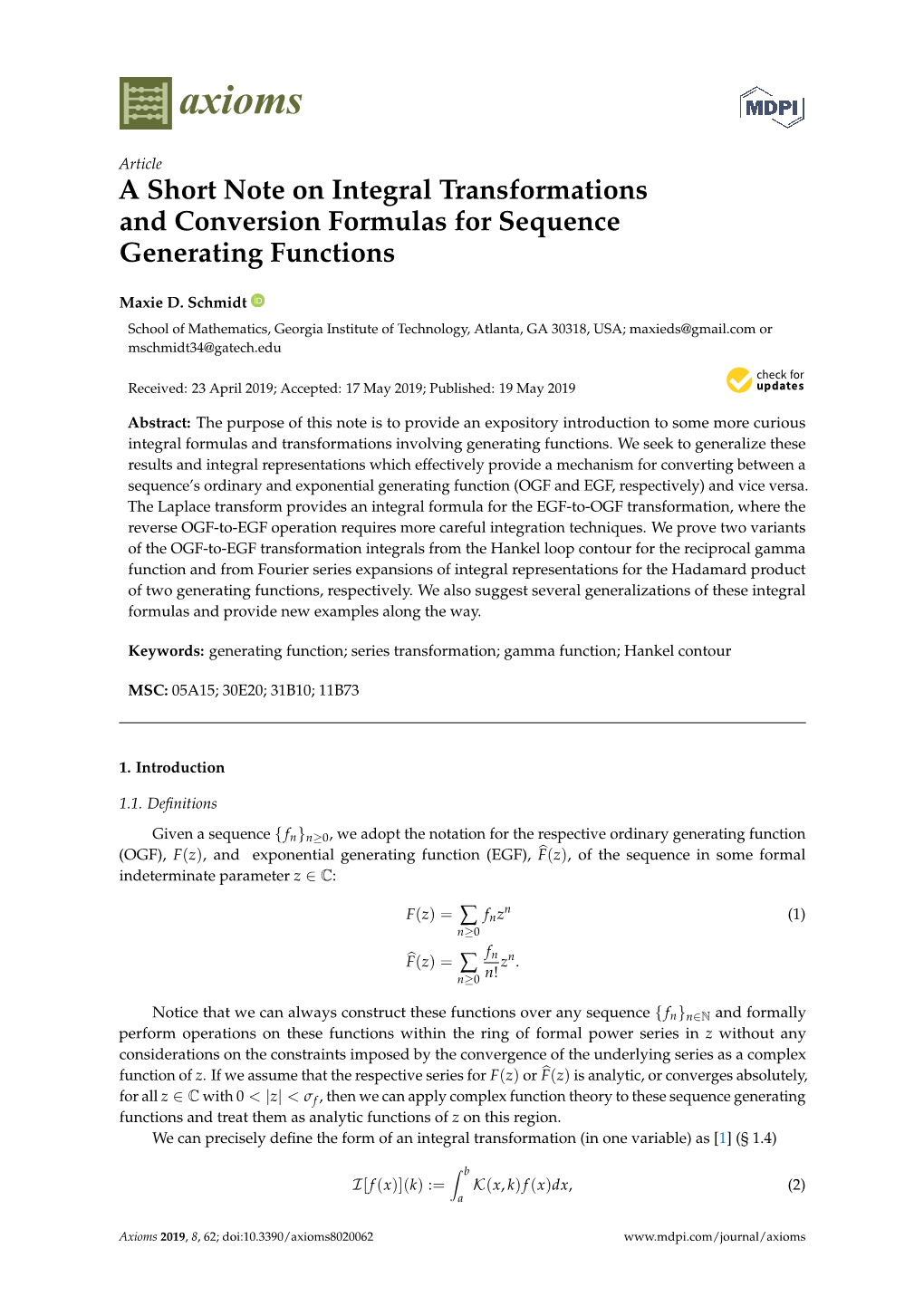 A Short Note on Integral Transformations and Conversion Formulas for Sequence Generating Functions