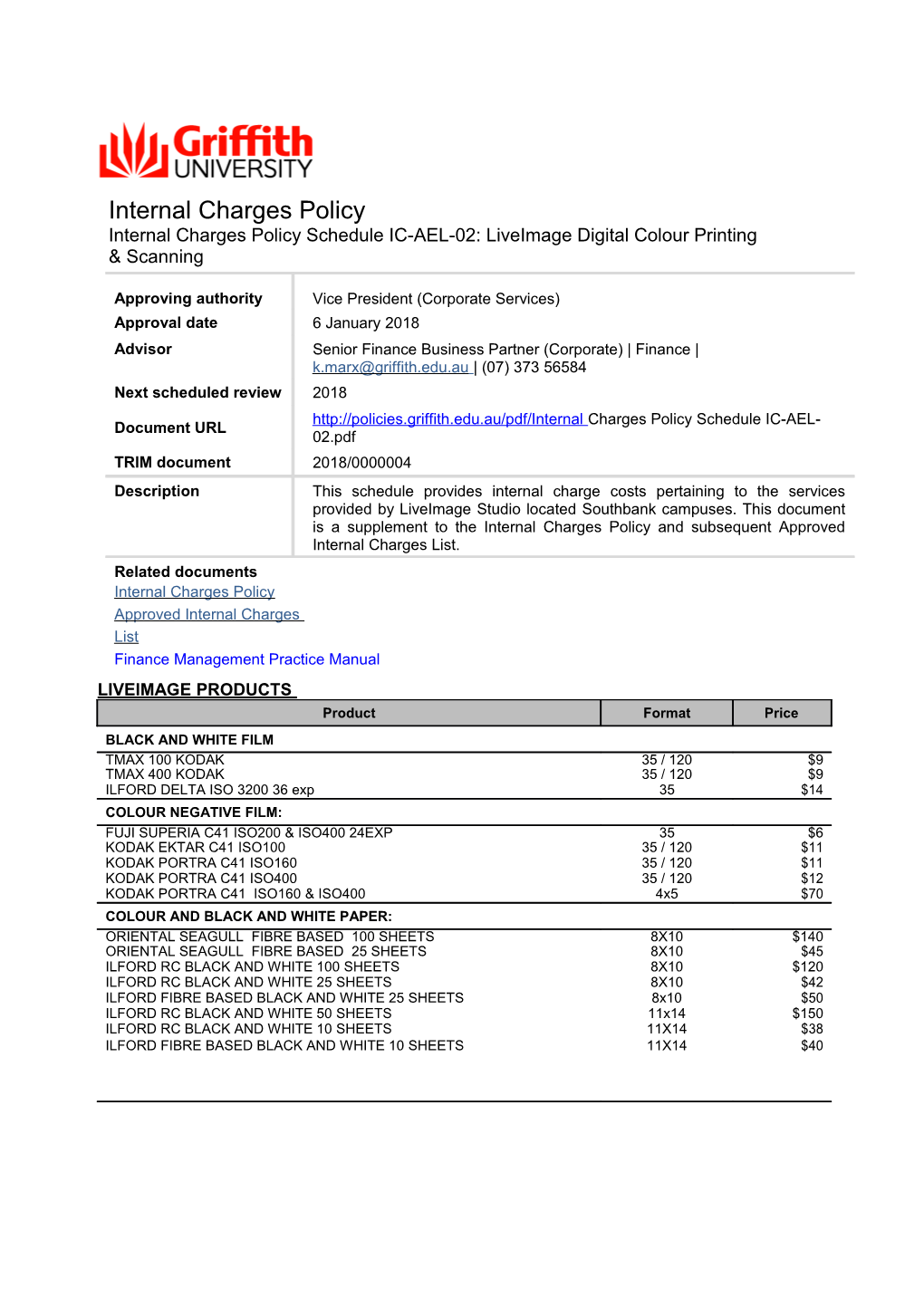 Internal Charges Policy Schedule IC-AEL-02