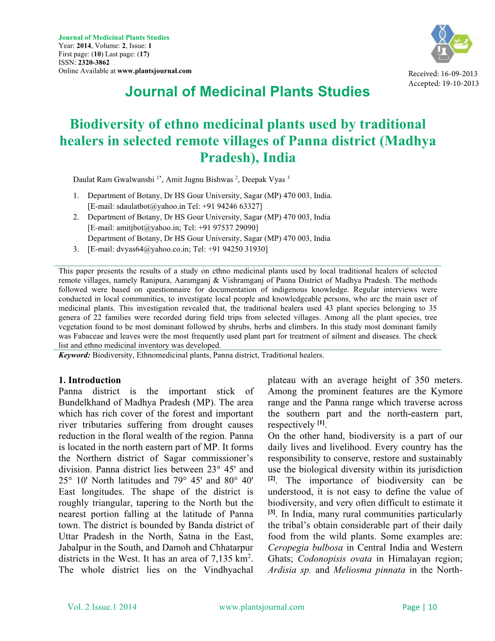 Journal of Medicinal Plants Studies Biodiversity of Ethno Medicinal Plants Used by Traditional Healers in Selected Remote Villag