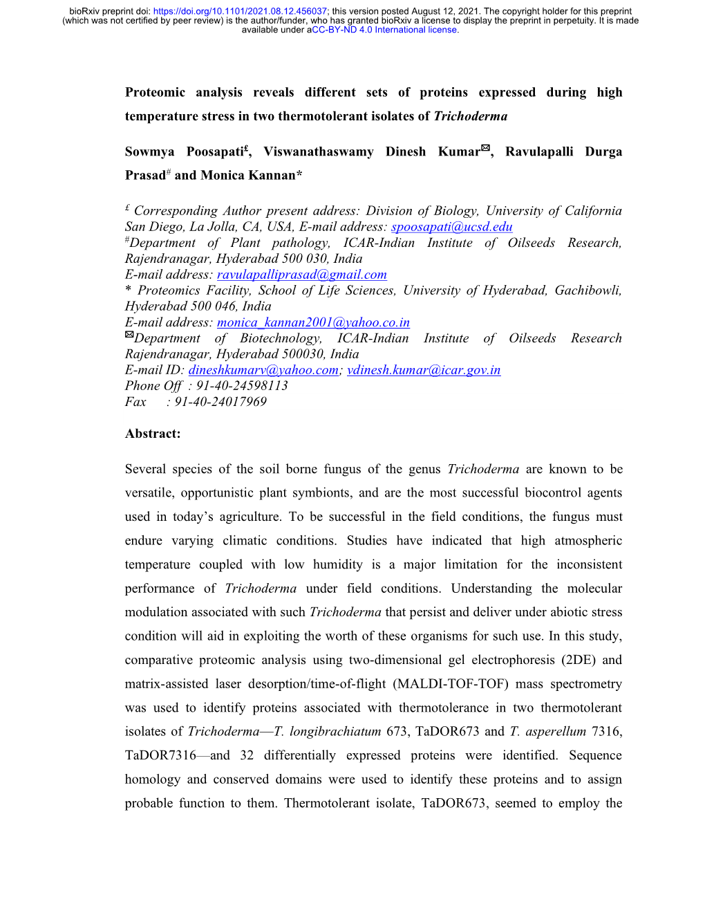 Proteomic Analysis Reveals Different Sets of Proteins Expressed During High Temperature Stress in Two Thermotolerant Isolates of Trichoderma