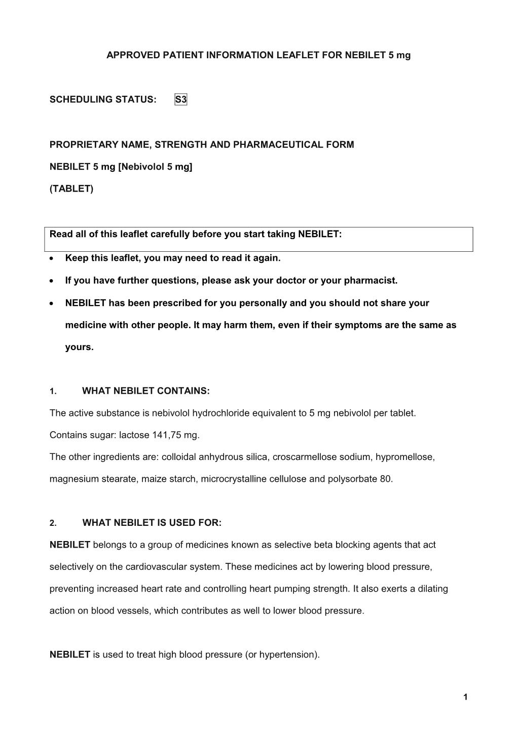 APPROVED PATIENT INFORMATION LEAFLET for NEBILET 5 Mg