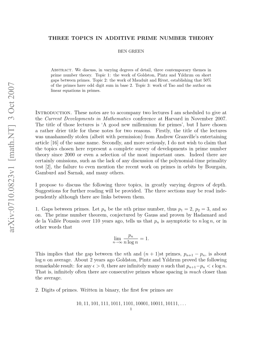 Three Topics in Additive Prime Number Theory 3