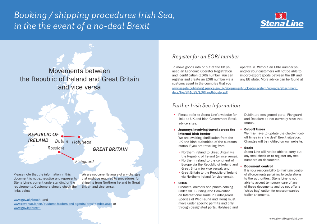 Booking / Shipping Procedures Irish Sea, in the The