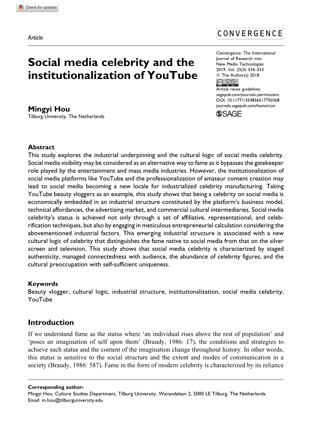 Social Media Celebrity and the Institutionalization of Youtube