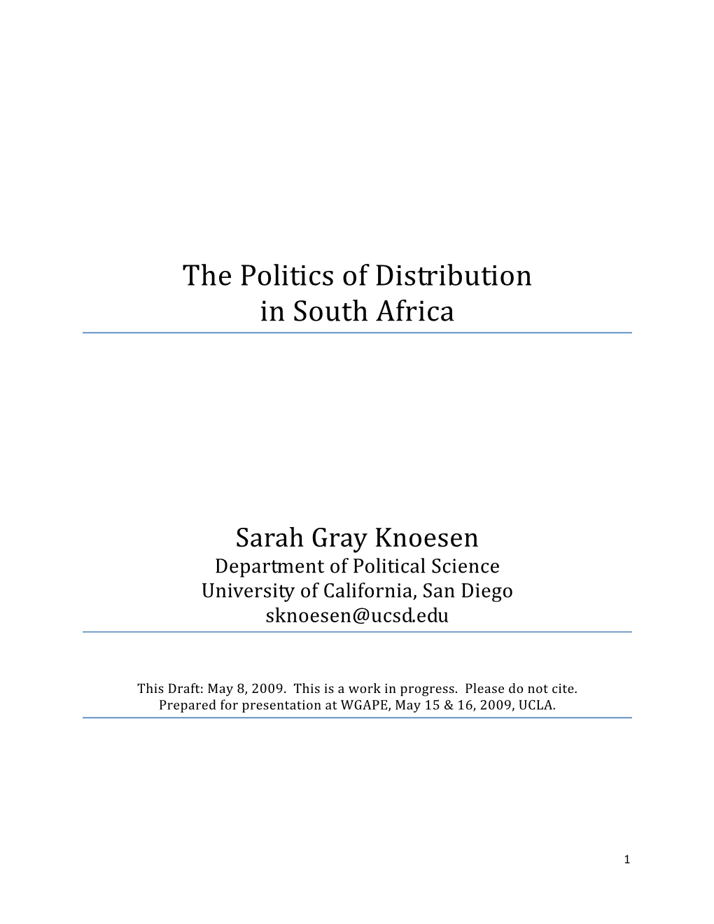 The Politics of Distribution in South Africa