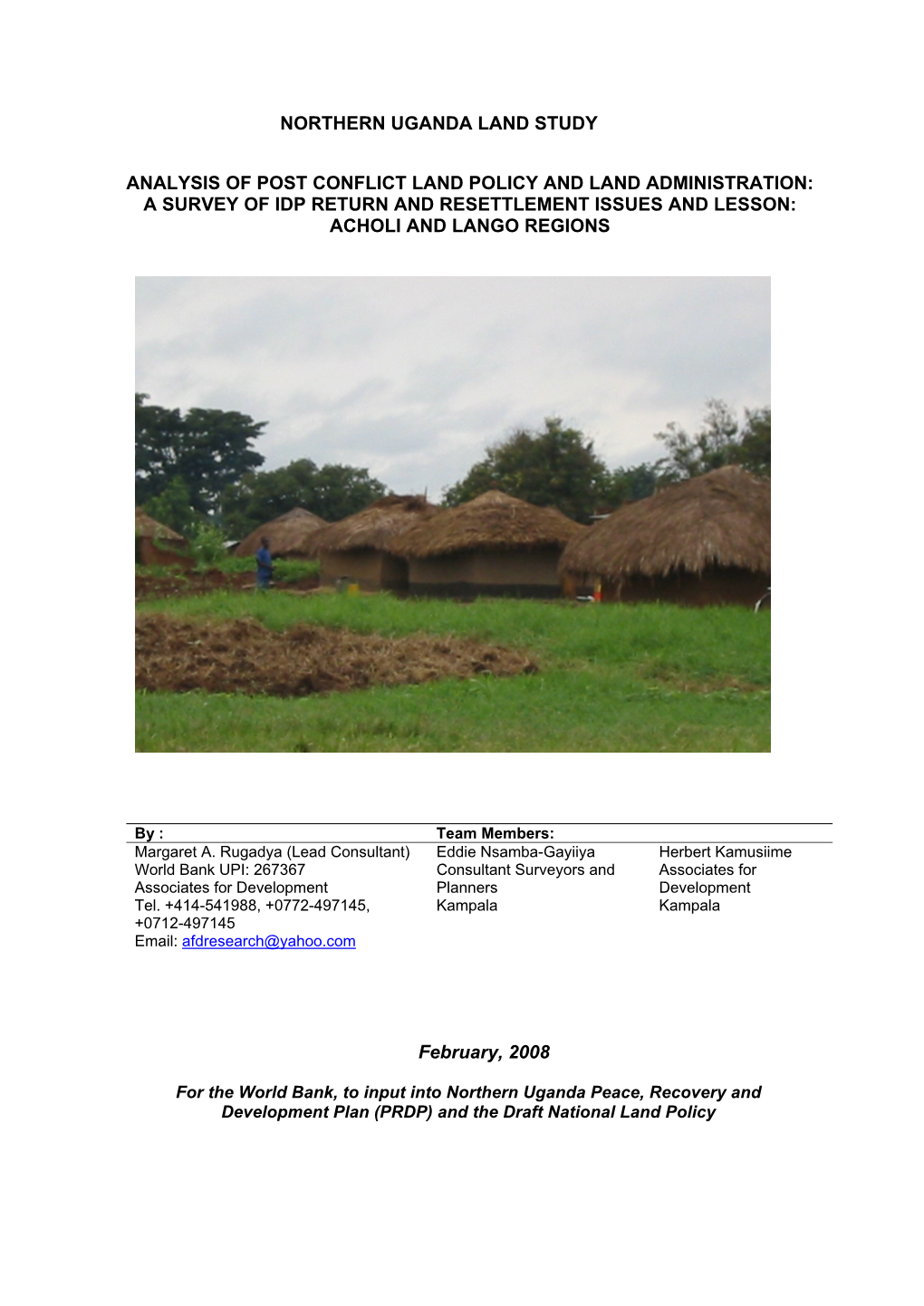 Northern Uganda Land Study Analysis of Post Conflict