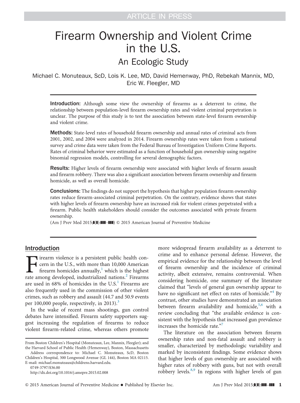 Firearm Ownership and Violent Crime in the U.S. an Ecologic Study Michael C