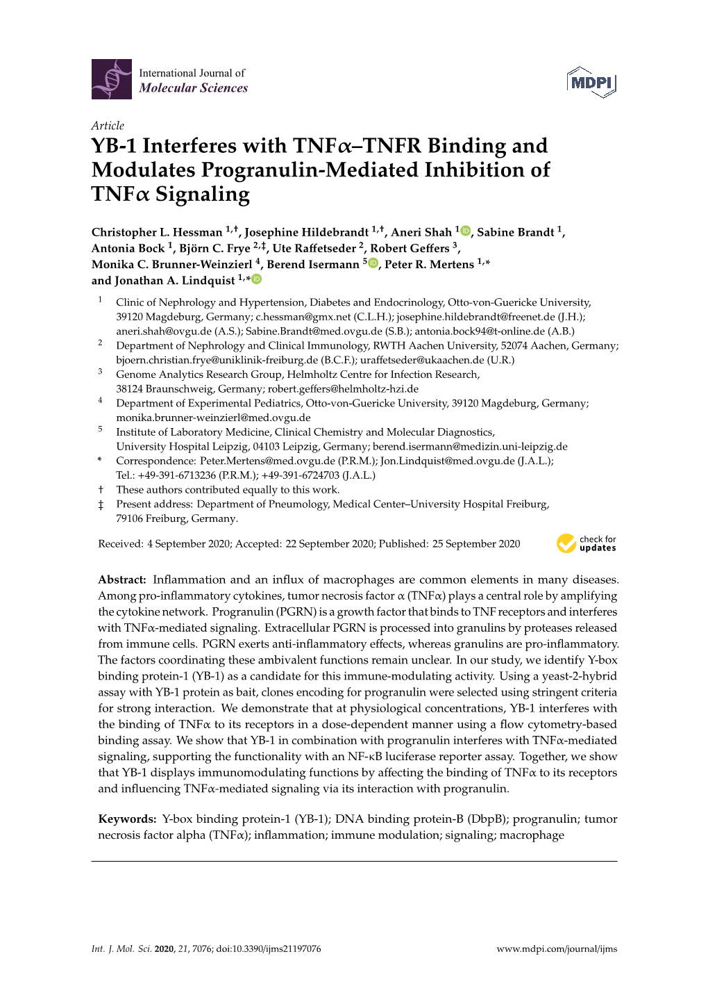 YB-1 Interferes with TNF–TNFR Binding and Modulates Progranulin