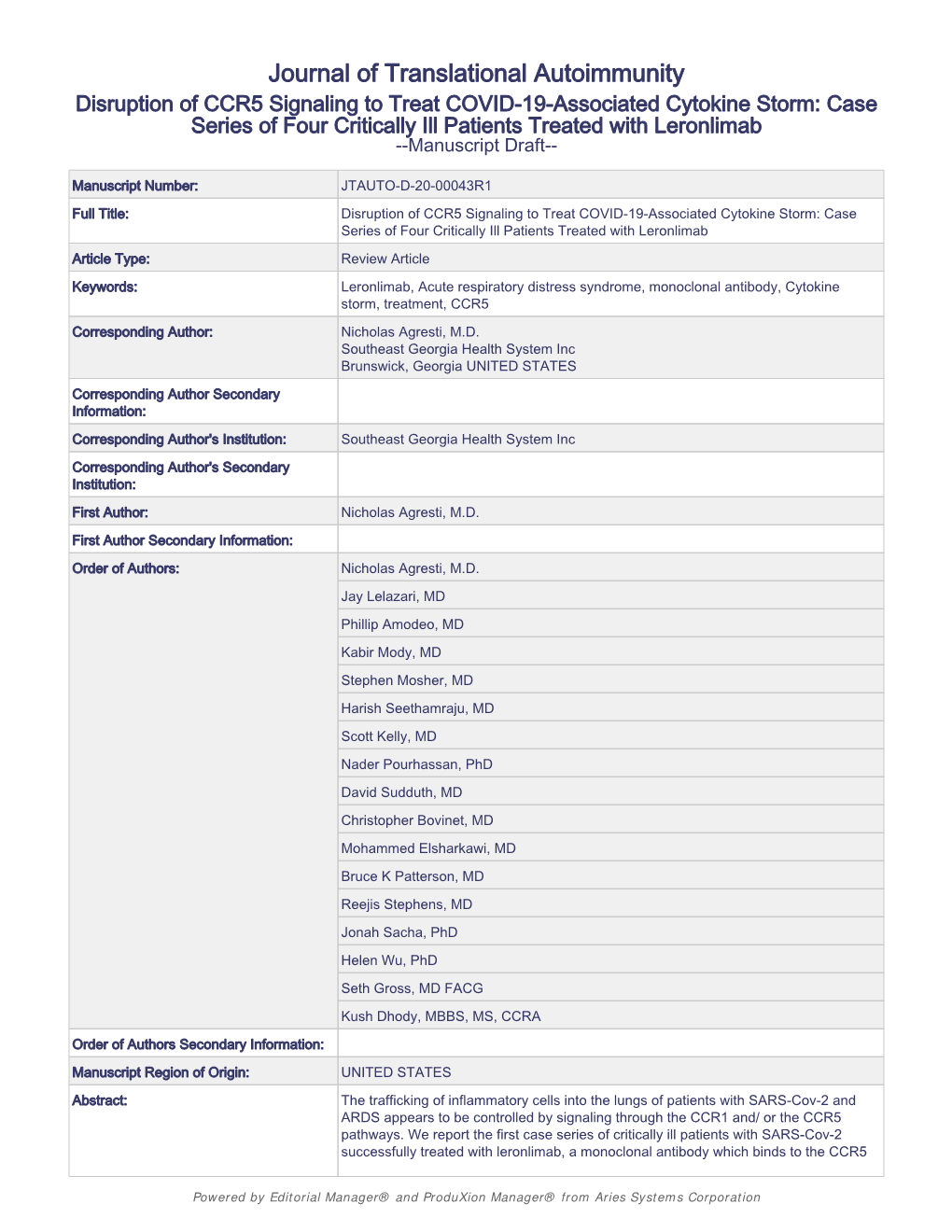 Case Series of Four Critically Ill Patients Treated with Leronlimab --Manuscript Draft