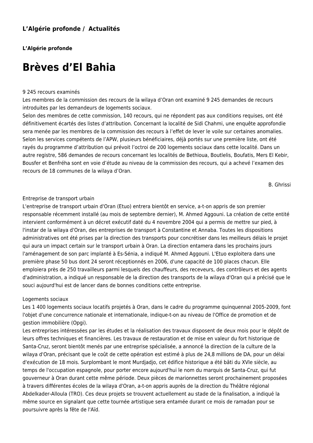 Brèves D'el Bahia: Toute L'actualité Sur Liberte-Algerie.Com