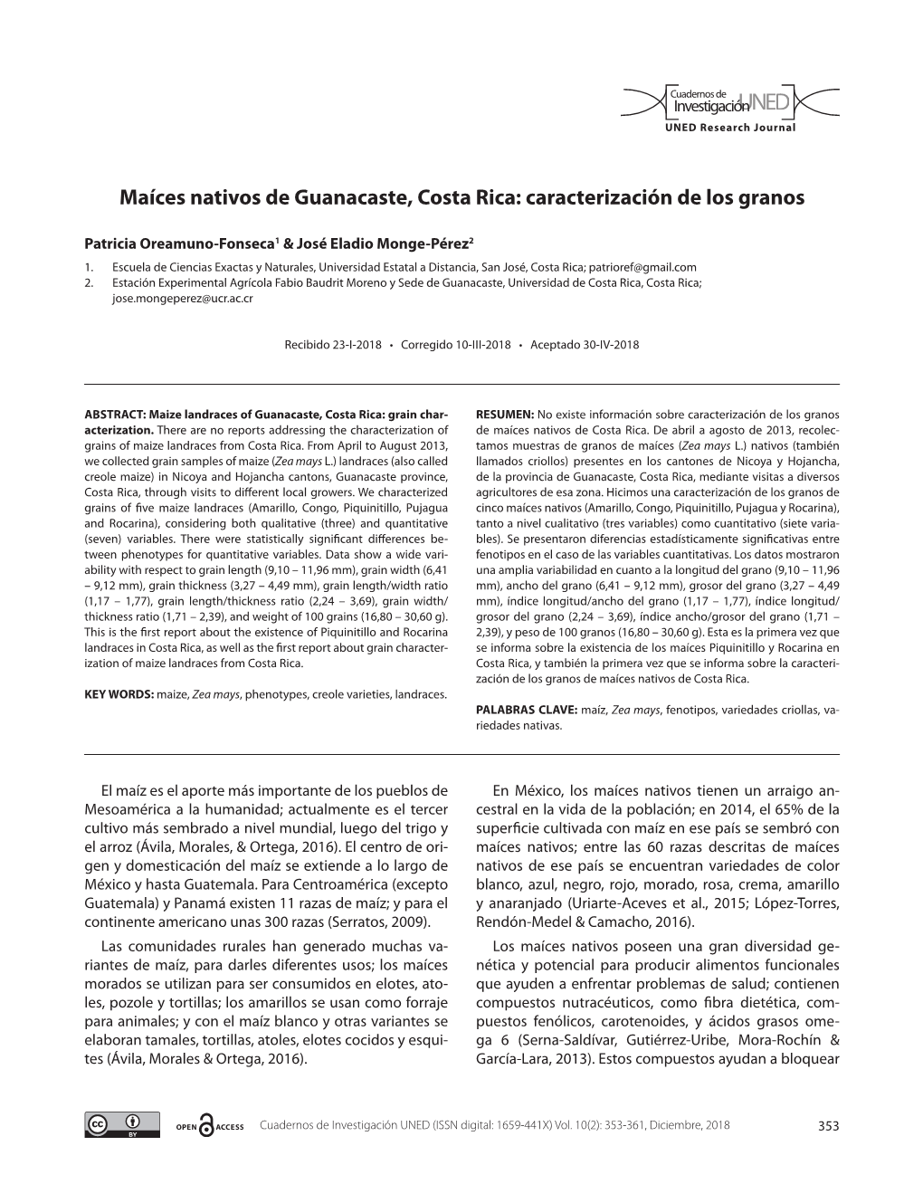 Maíces Nativos De Guanacaste, Costa Rica: Caracterización De Los Granos