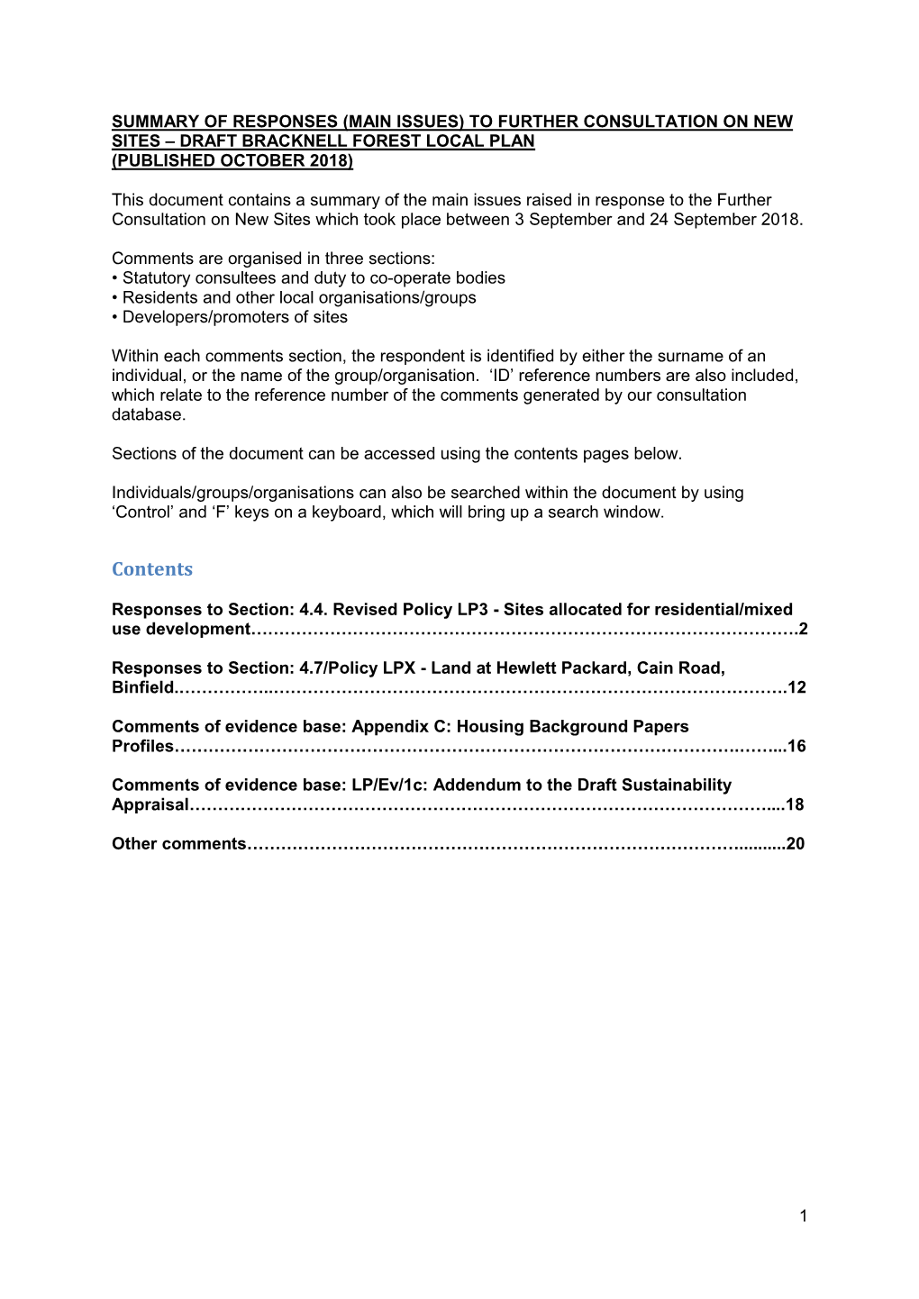 Summary of Responses to Further Consultation on New Sites