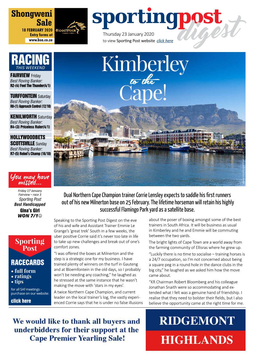 Dual Northern Cape Champion Trainer Corrie Lensley Expects to Saddle His First Runners Sporting Post Best Handicapped out of His New Milnerton Base on 25 February