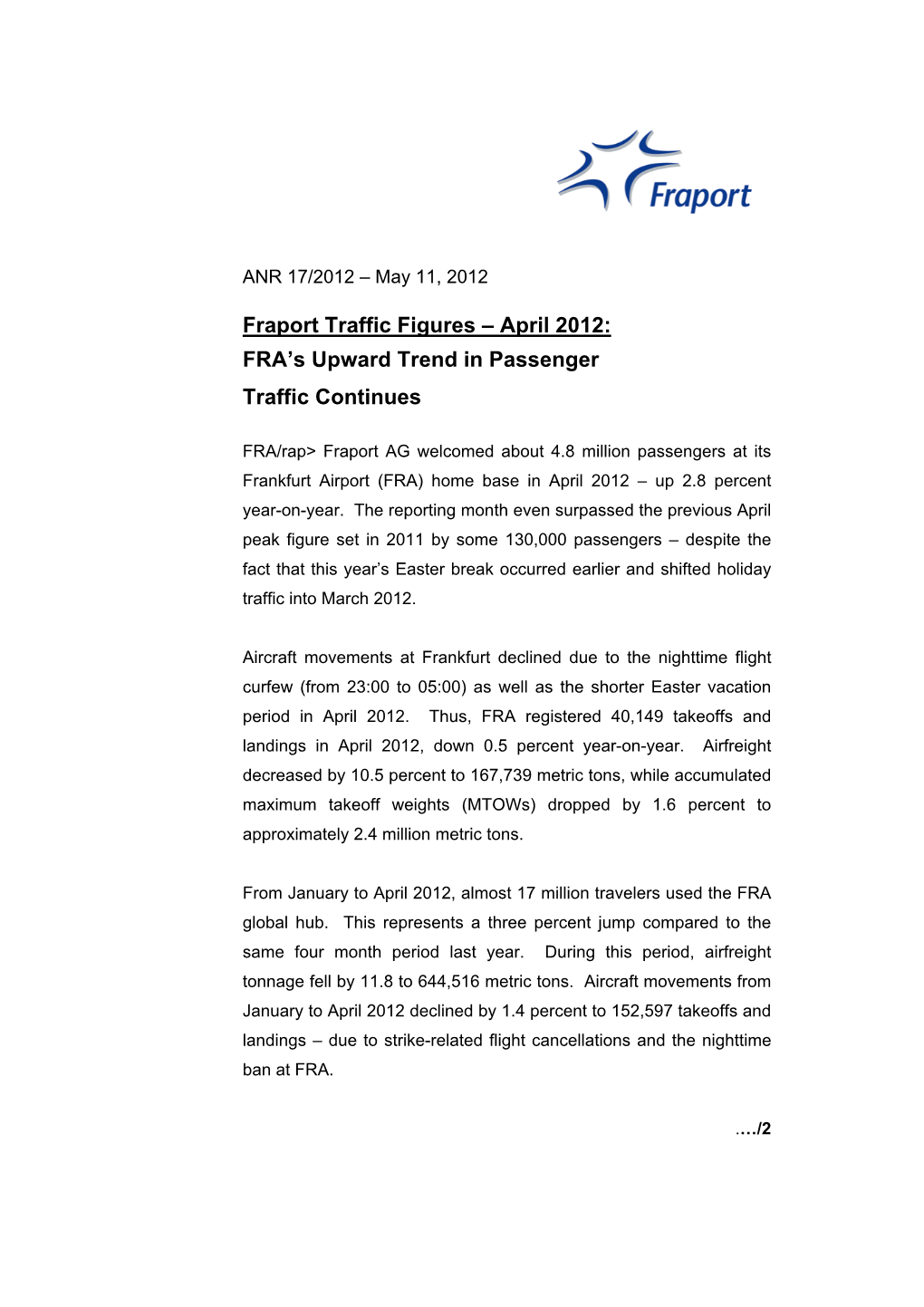 Fraport Traffic Figures – April 2012: FRA's Upward