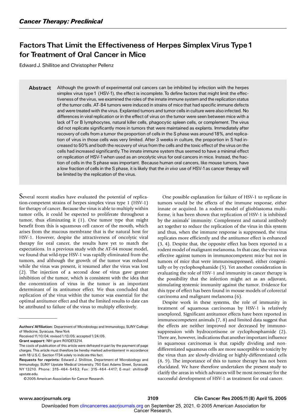 Factors That Limit the Effectiveness of Herpes Simplexvirus Type 1 for Treatment of Oral Cancer in Mice Edwardj