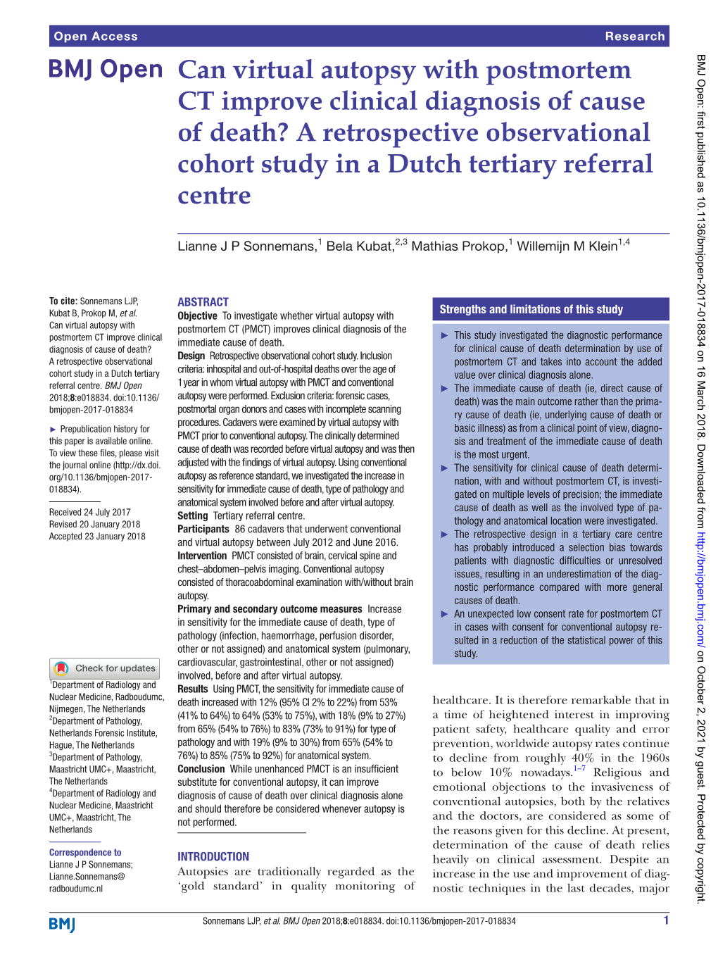 Can Virtual Autopsy with Postmortem CT Improve Clinical Diagnosis of Cause of Death? a Retrospective Observational Cohort Study in a Dutch Tertiary Referral Centre