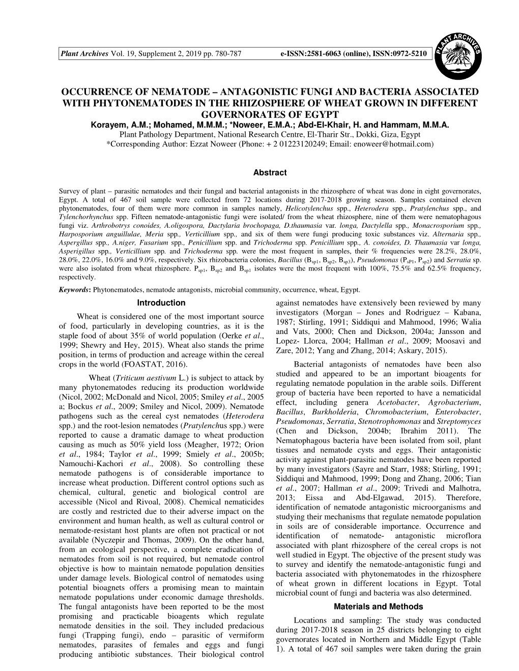 Occurrence of Nematode – Antagonistic Fungi And