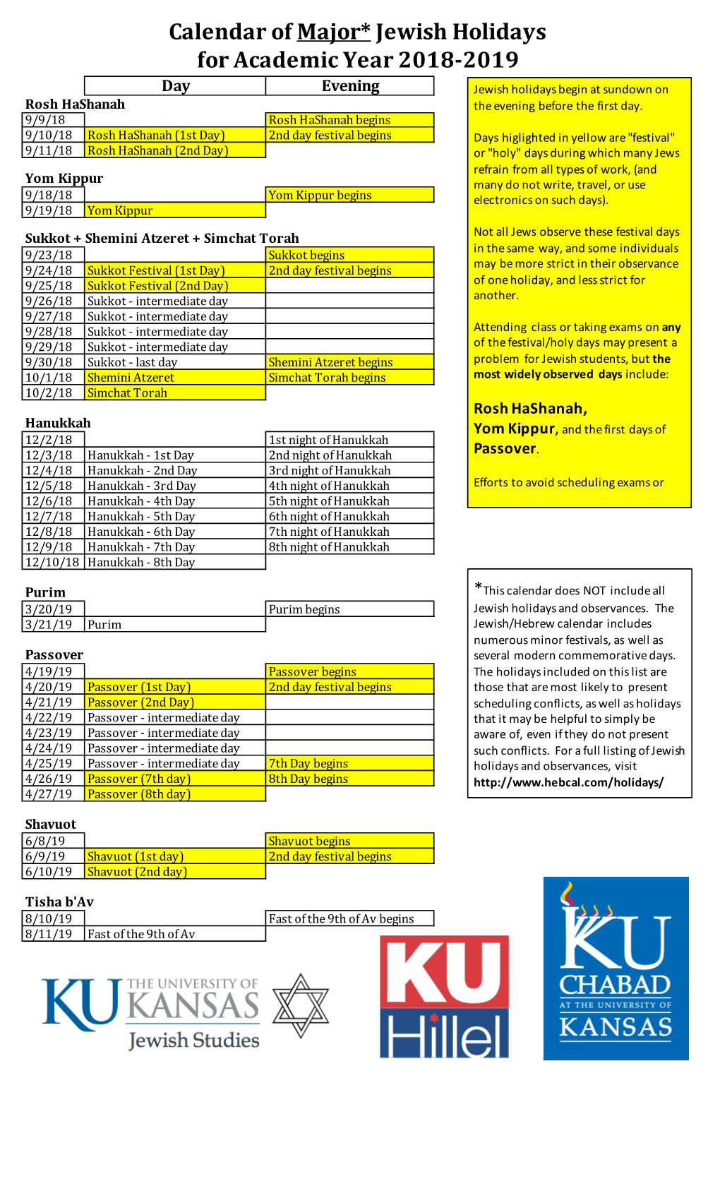 2018-2019 Jewishholidays