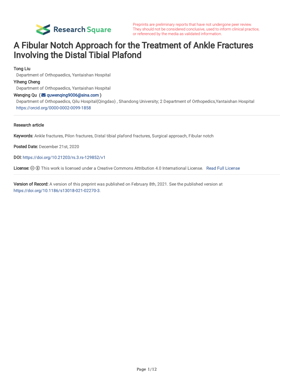 A Fibular Notch Approach for the Treatment of Ankle Fractures Involving the Distal Tibial Plafond