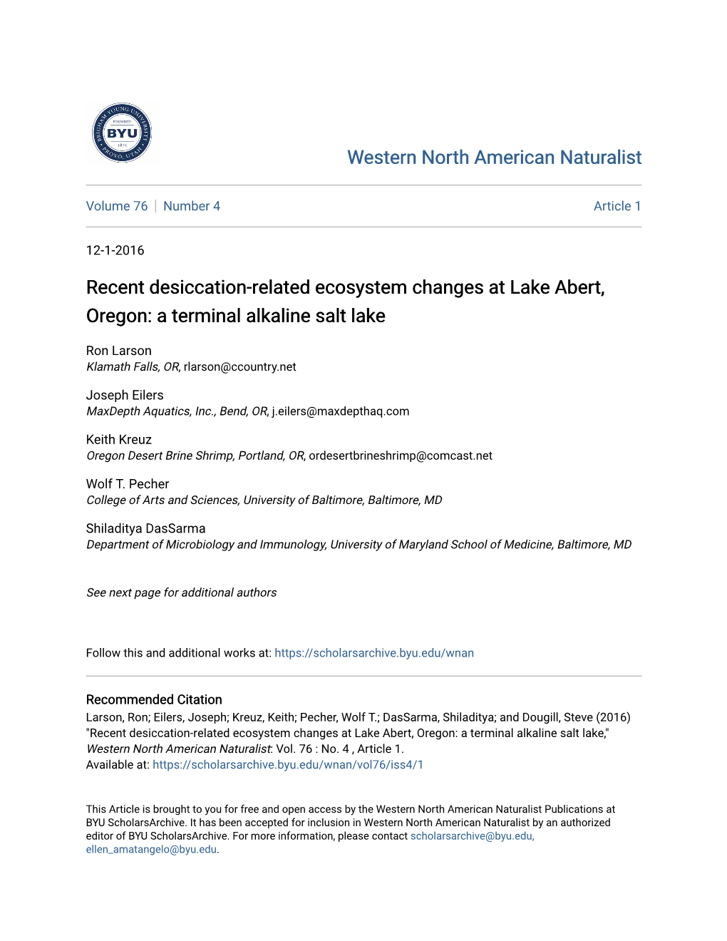 Recent Desiccation-Related Ecosystem Changes at Lake Abert, Oregon: a Terminal Alkaline Salt Lake