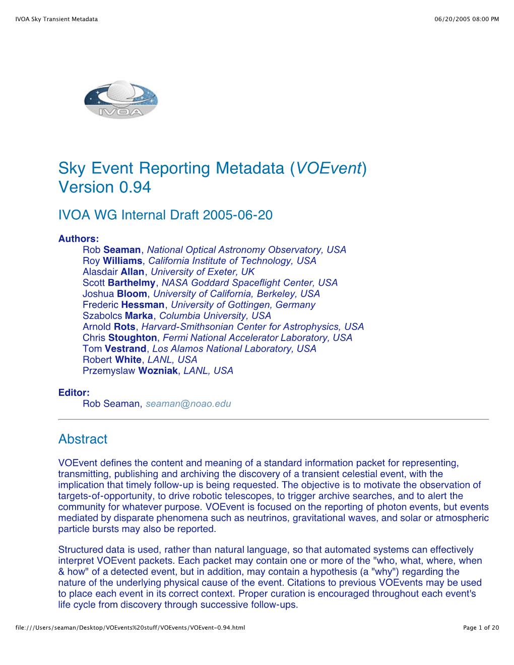 IVOA Sky Transient Metadata 06/20/2005 08:00 PM
