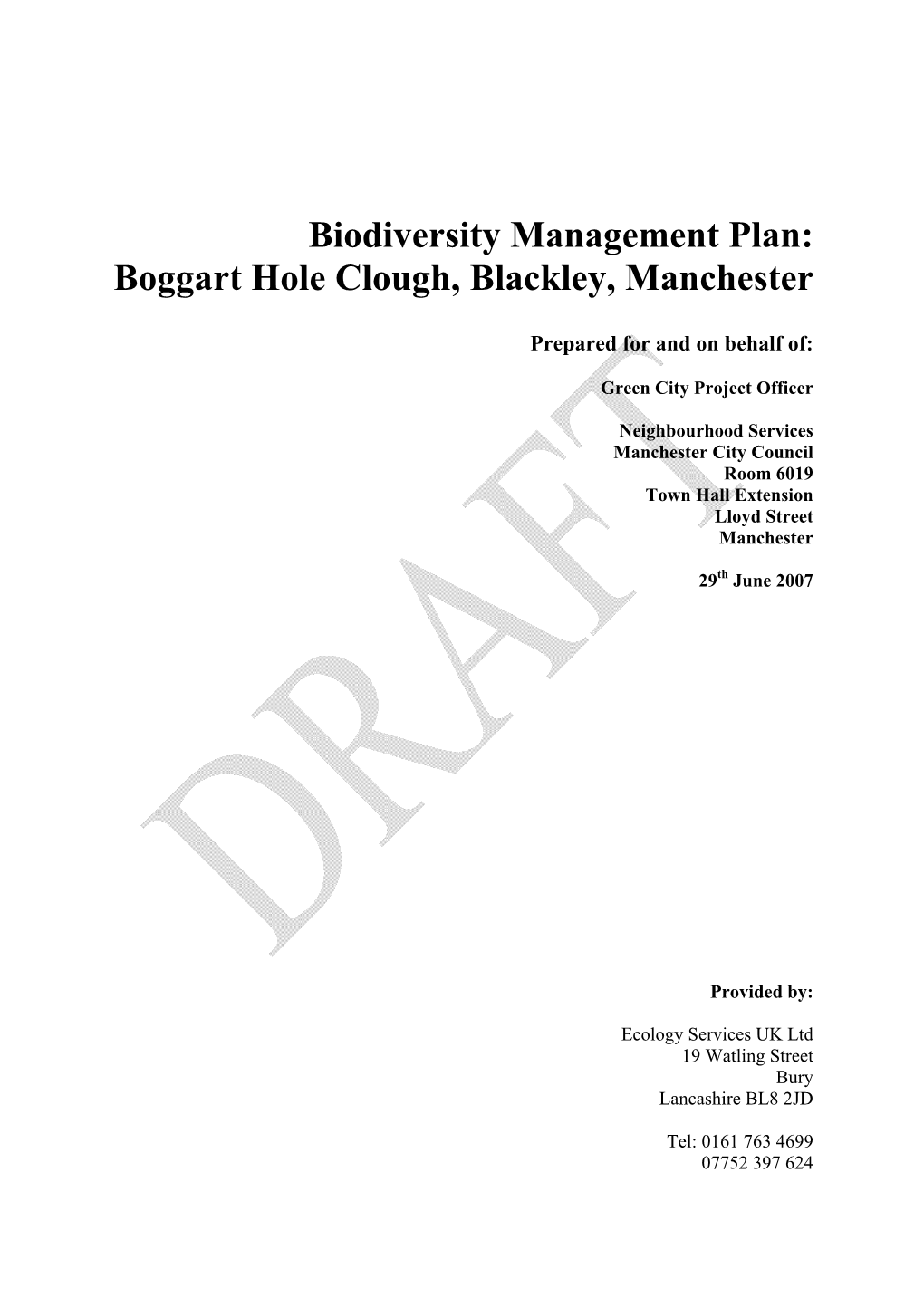 Biodiversity Management Plan: Boggart Hole Clough, Blackley, Manchester