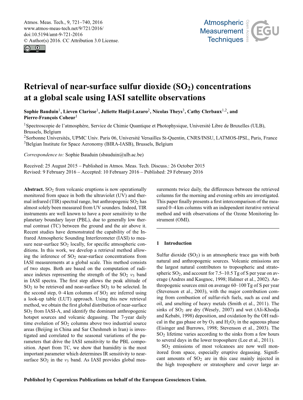 (SO2) Concentrations at a Global Scale Using IASI Satellite Observations