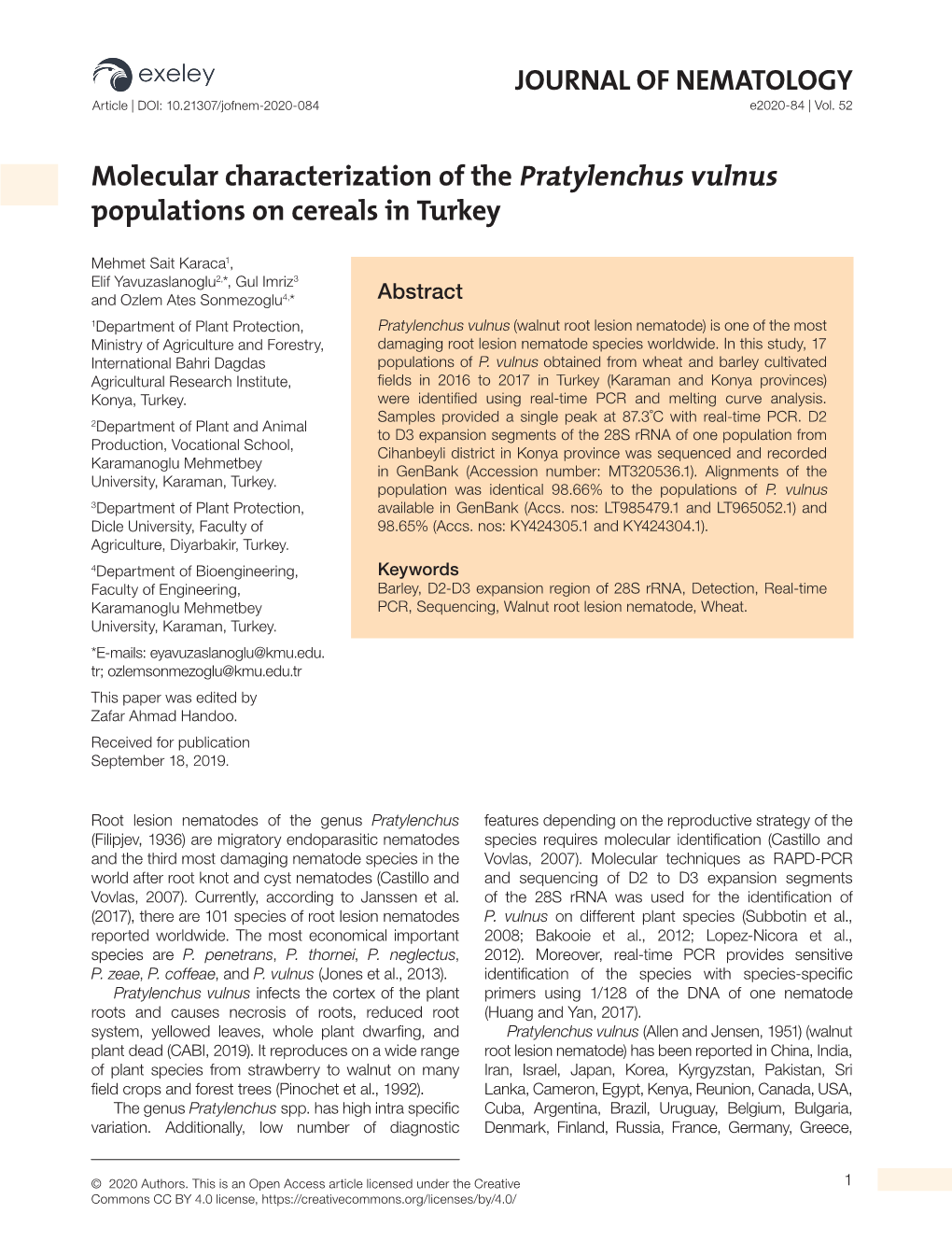 Molecular Characterization of the Pratylenchus Vulnus Populations on Cereals in Turkey