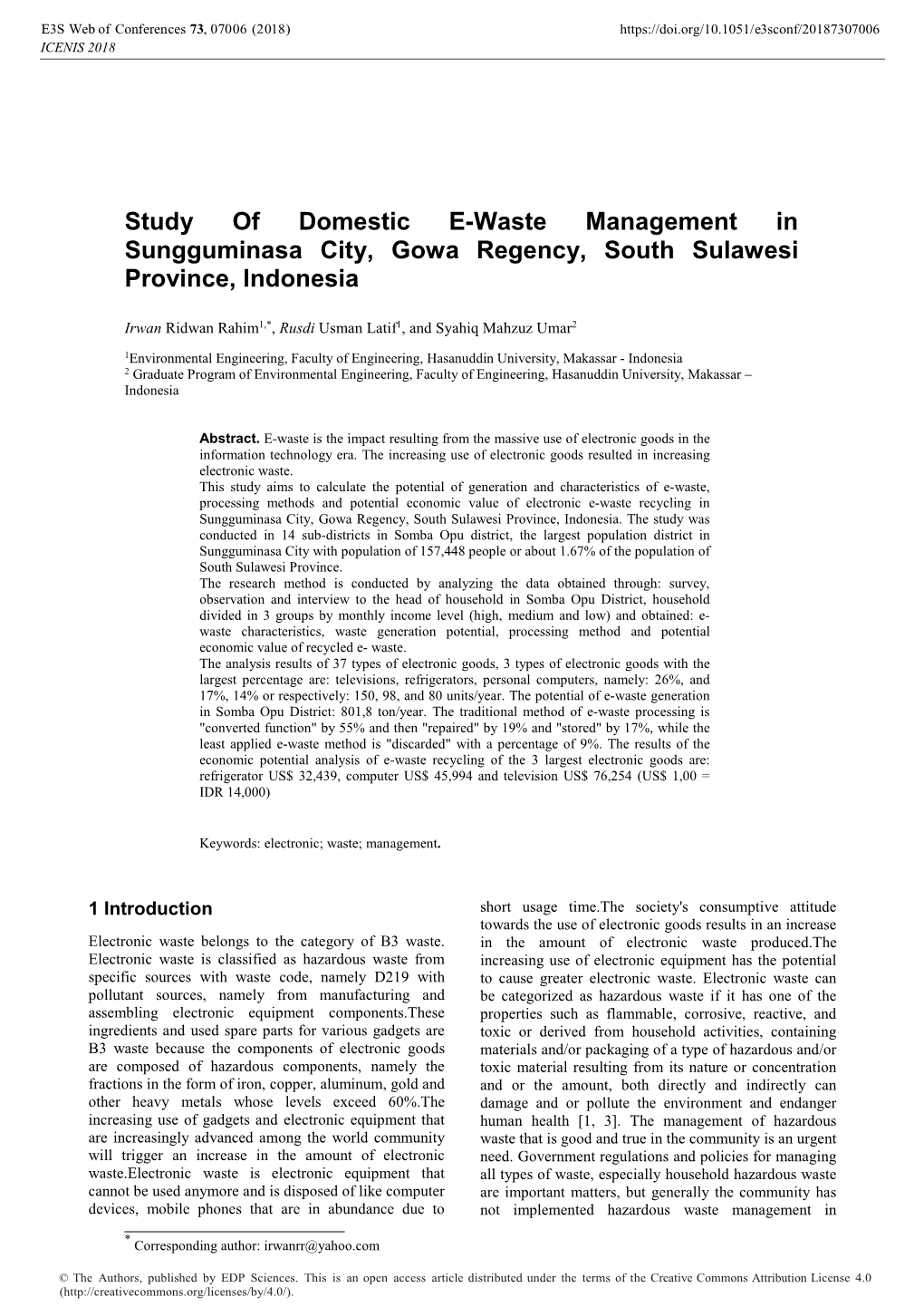 Study of Domestic E-Waste Management in Sungguminasa City, Gowa Regency, South Sulawesi Province, Indonesia