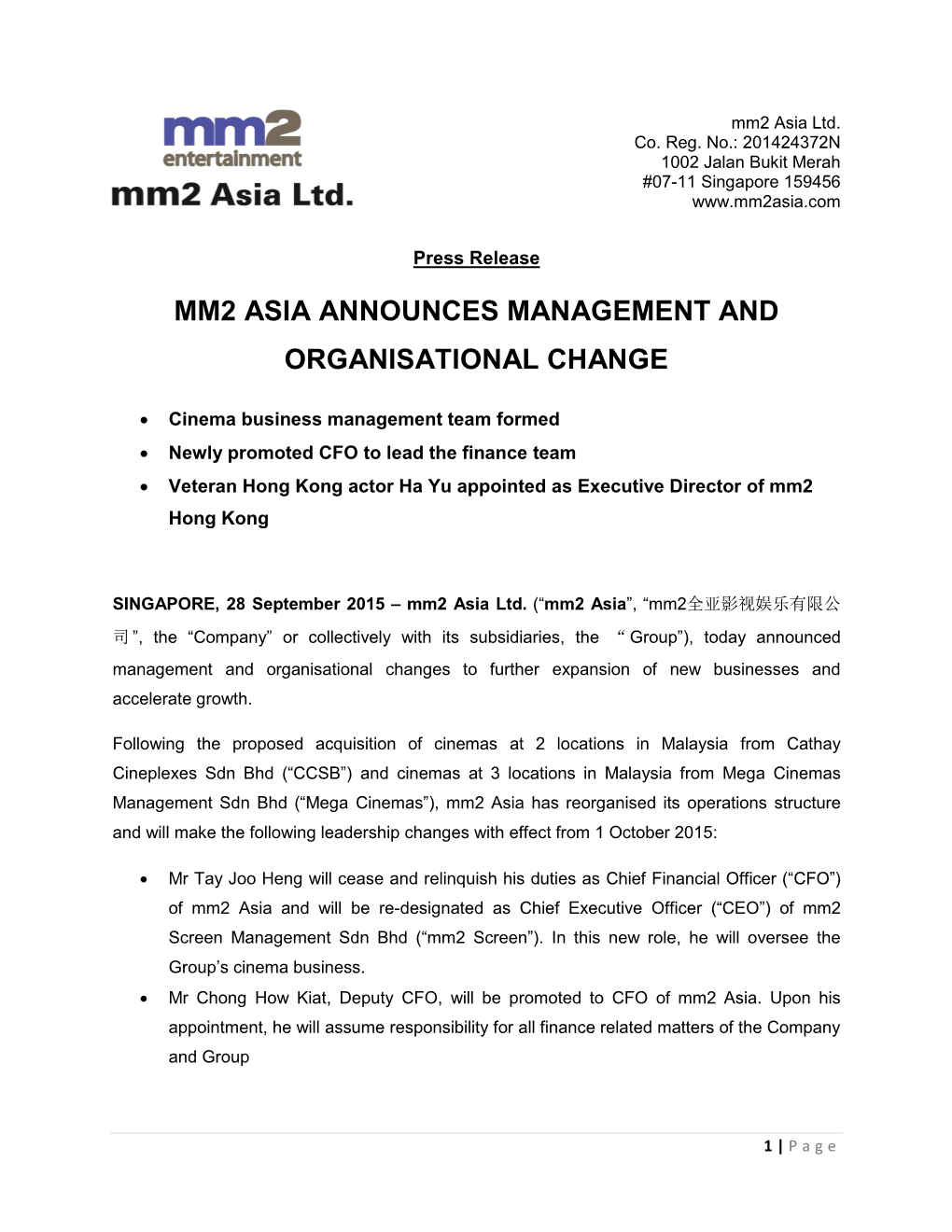 Mm2 Asia Announces Management and Organisational Change