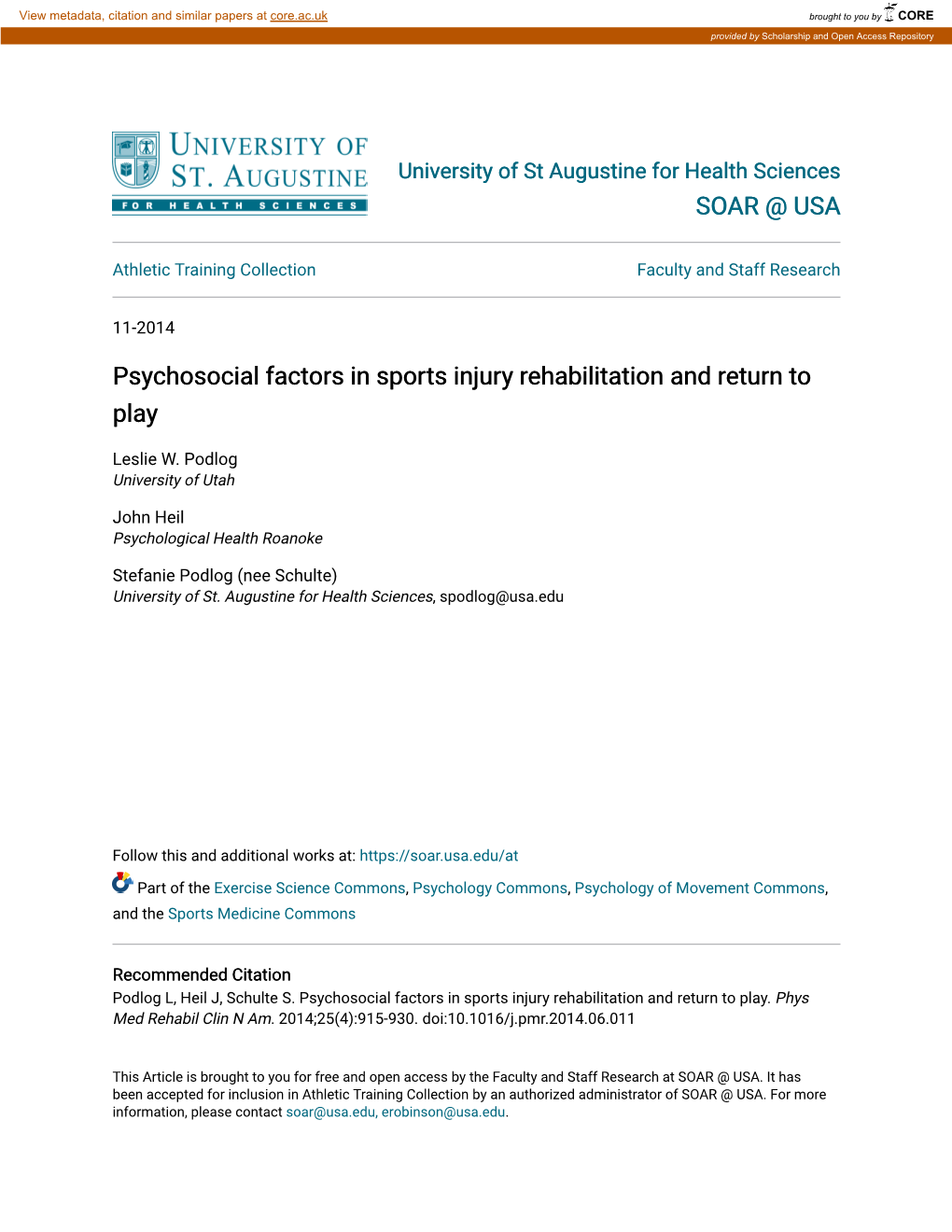 Psychosocial Factors in Sports Injury Rehabilitation and Return to Play