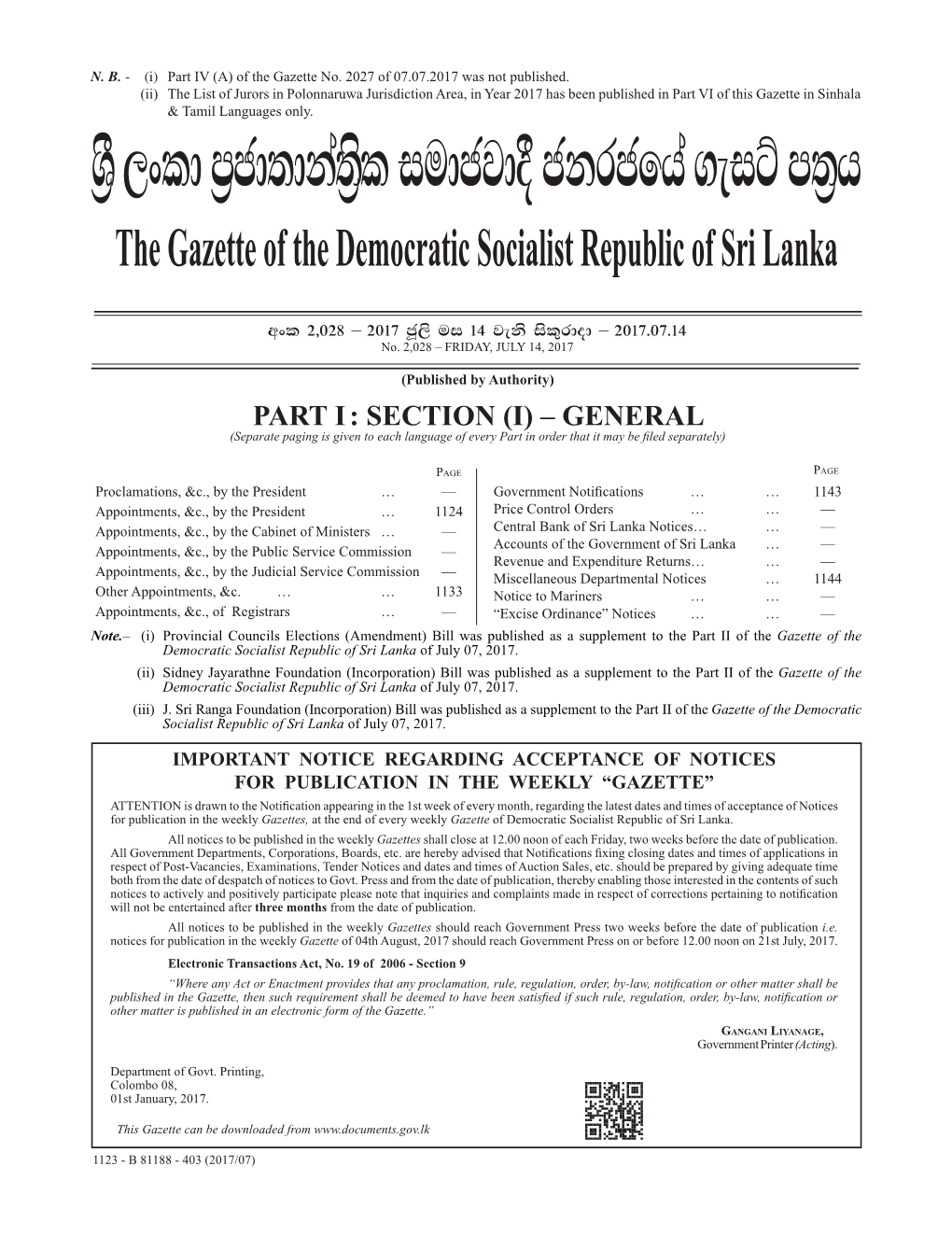 The Gazette of the Democratic Socialist Republic of Sri Lanka