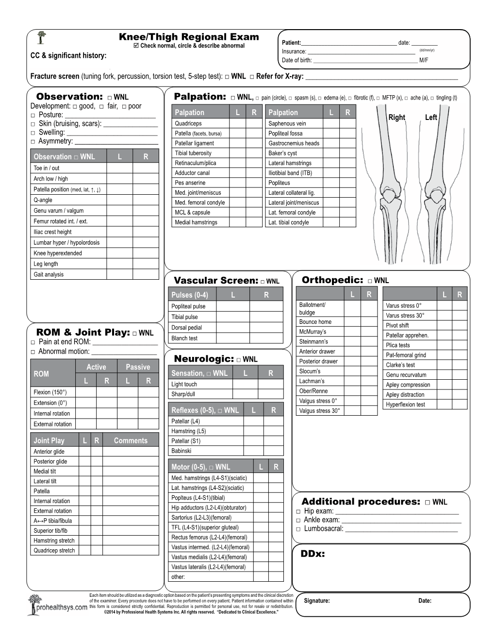 Knee/Thigh Regional Exam L Comments WNL ______□ R ©2014 by Professional Health Systems Inc