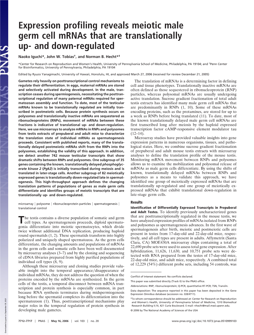 Expression Profiling Reveals Meiotic Male Germ Cell Mrnas That Are Translationally Up- and Down-Regulated