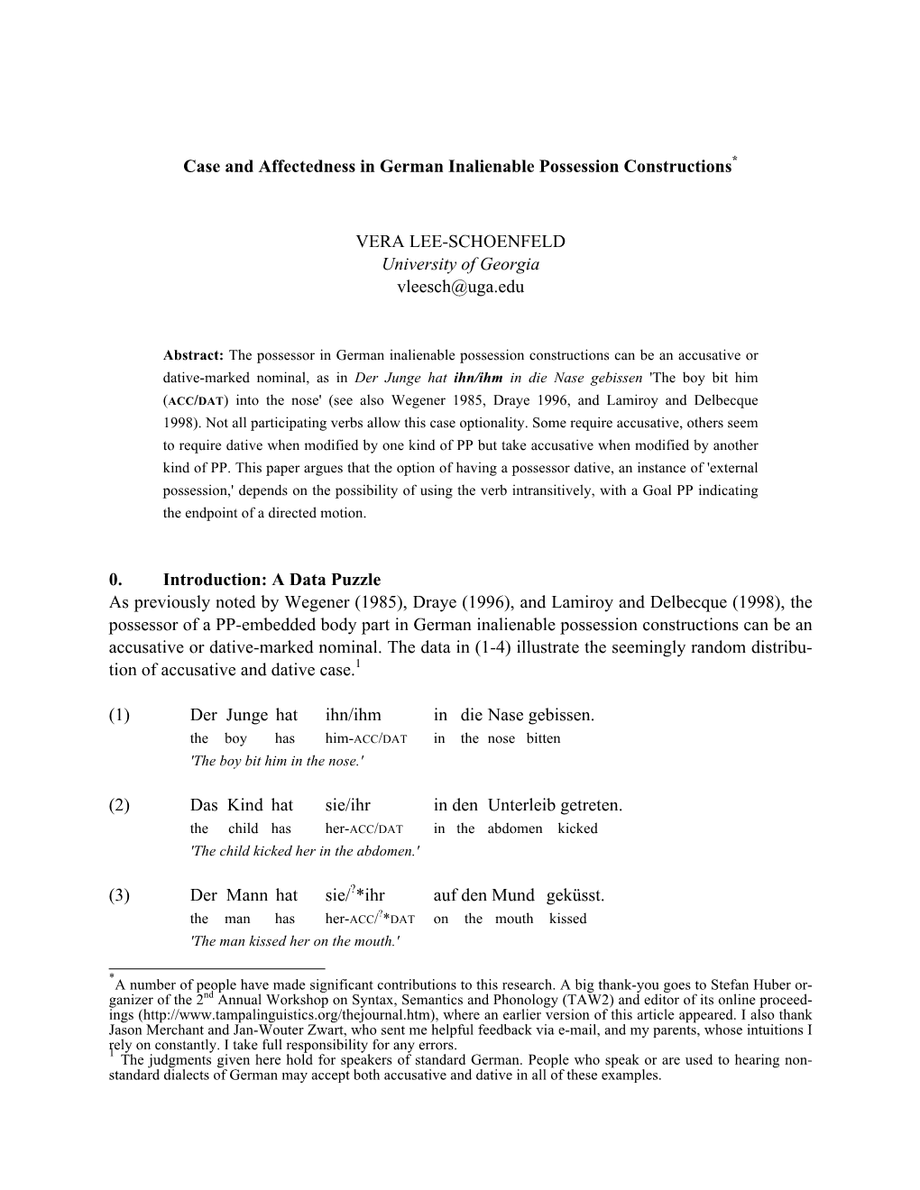 Case and Affectedness in German Inalienable Possession Constructions*