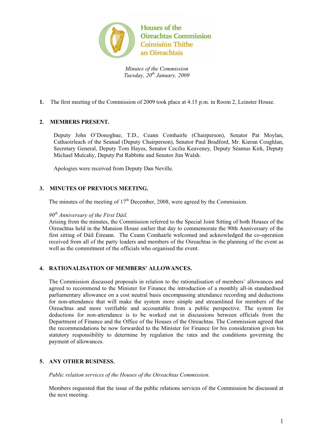 Houses of the Oireachtas Commission Minutes of Meeting of 20 January