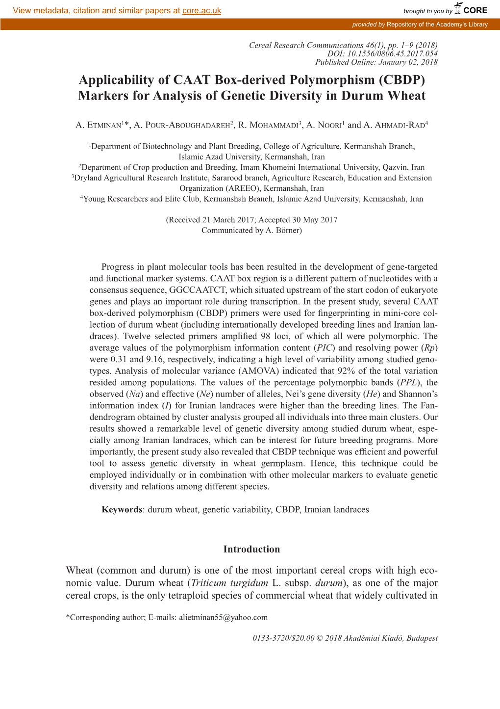 Applicability of CAAT Box-Derived Polymorphism (CBDP) Markers for Analysis of Genetic Diversity in Durum Wheat