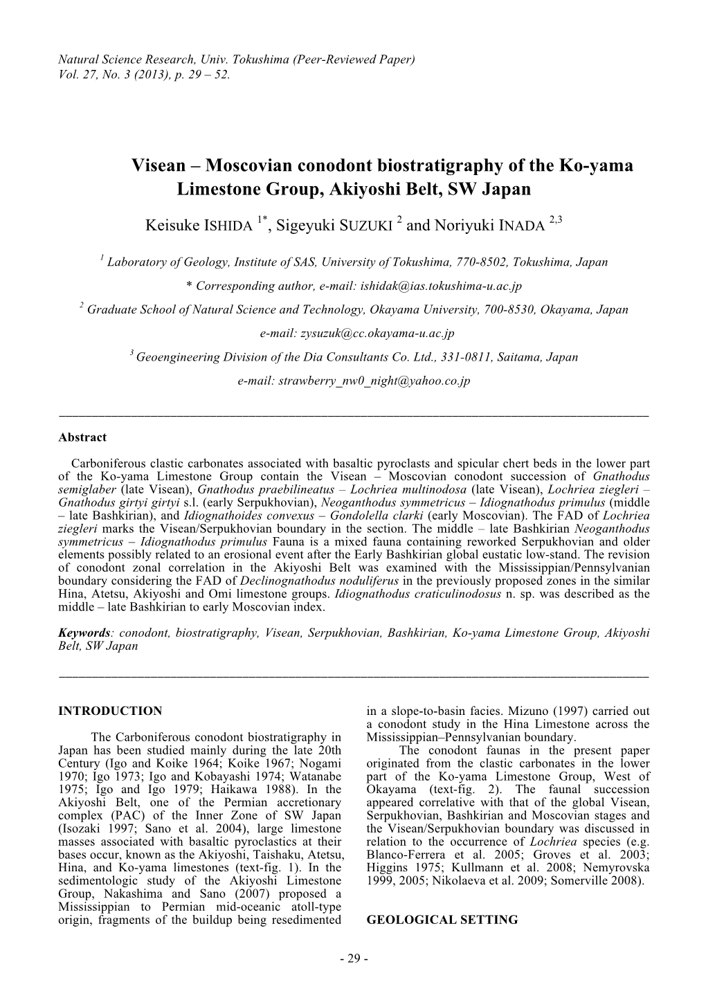 Visean – Moscovian Conodont Biostratigraphy of the Ko-Yama Limestone Group, Akiyoshi Belt, SW Japan