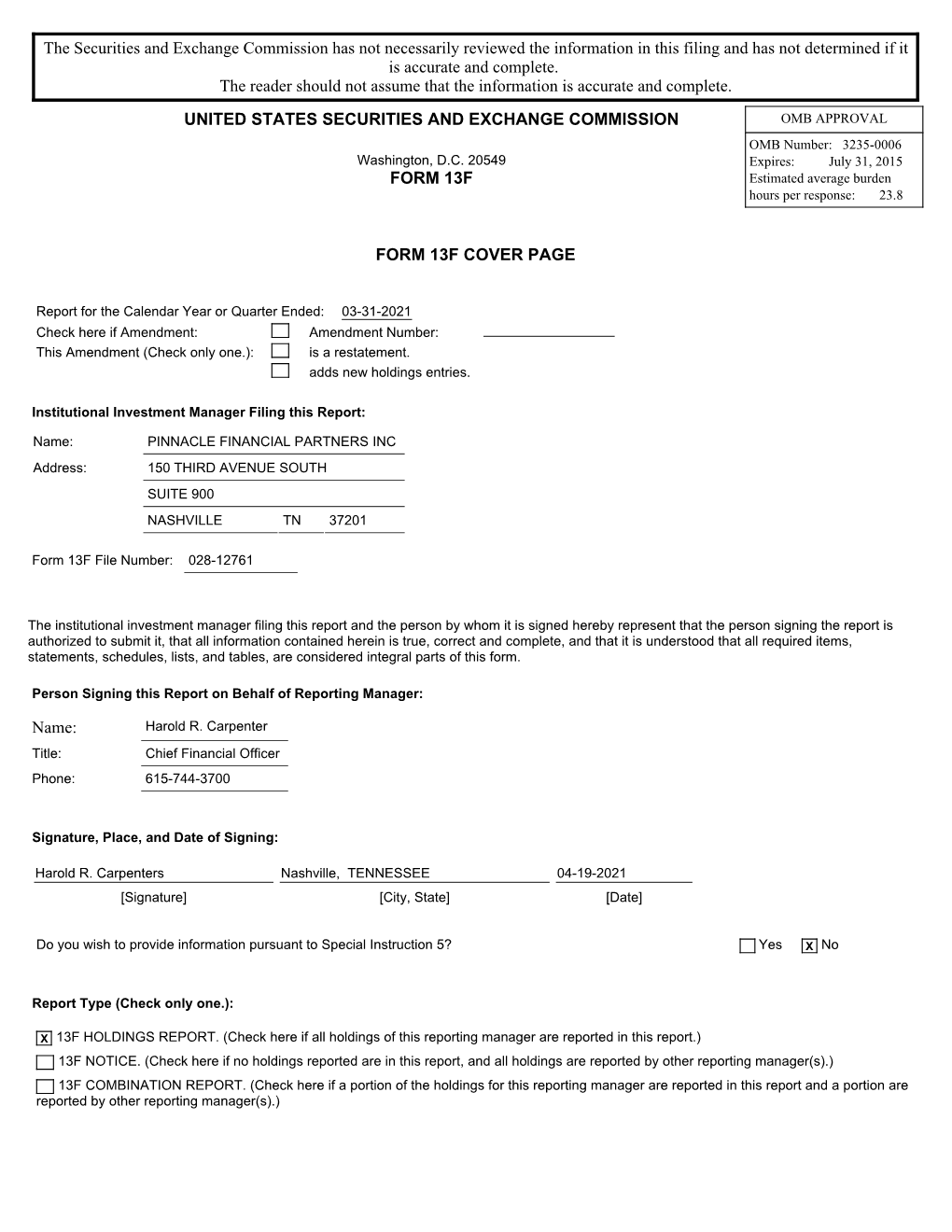 The Securities and Exchange Commission Has Not Necessarily Reviewed the Information in This Filing and Has Not Determined If It Is Accurate and Complete