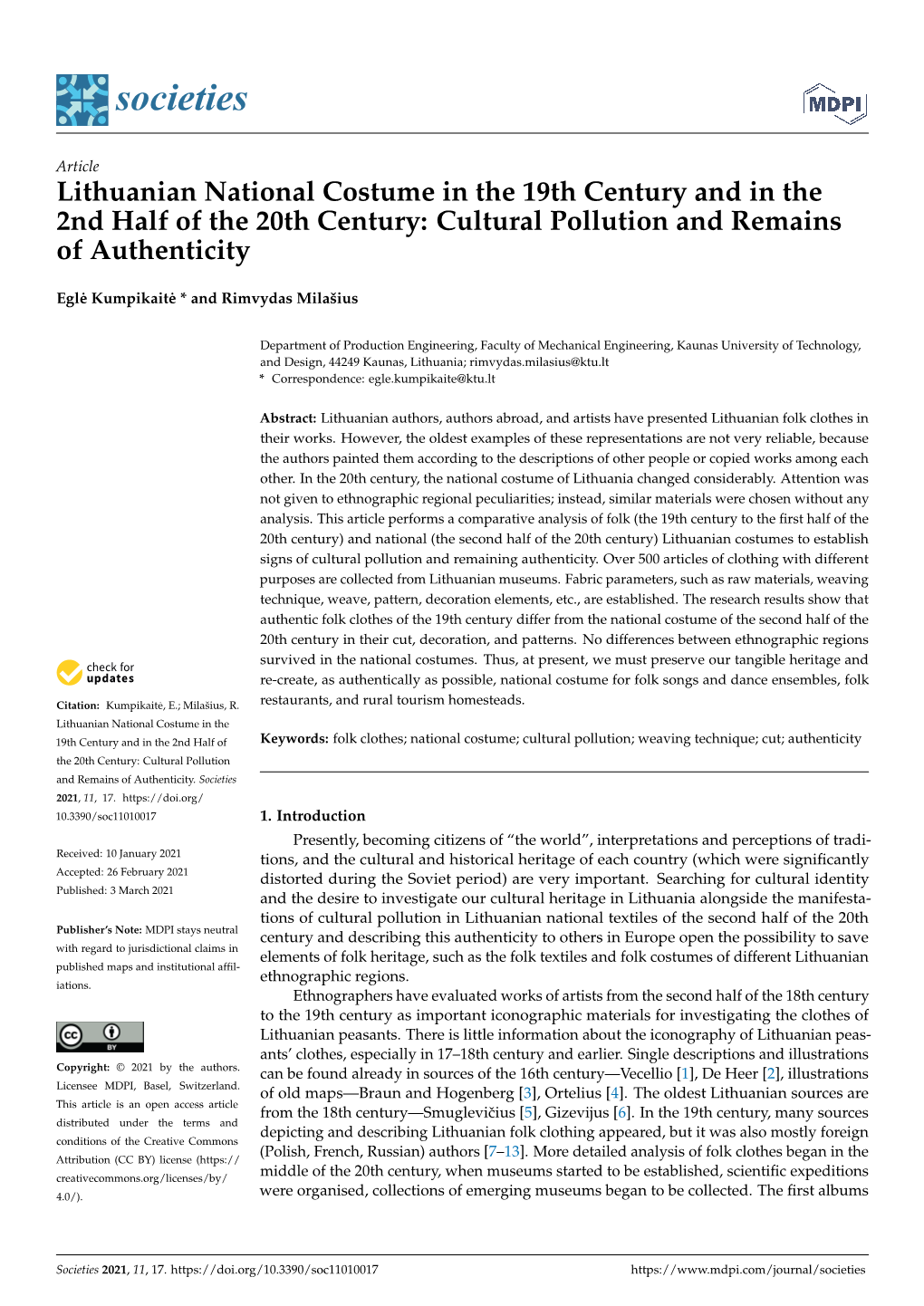 Lithuanian National Costume in the 19Th Century and in the 2Nd Half of the 20Th Century: Cultural Pollution and Remains of Authenticity