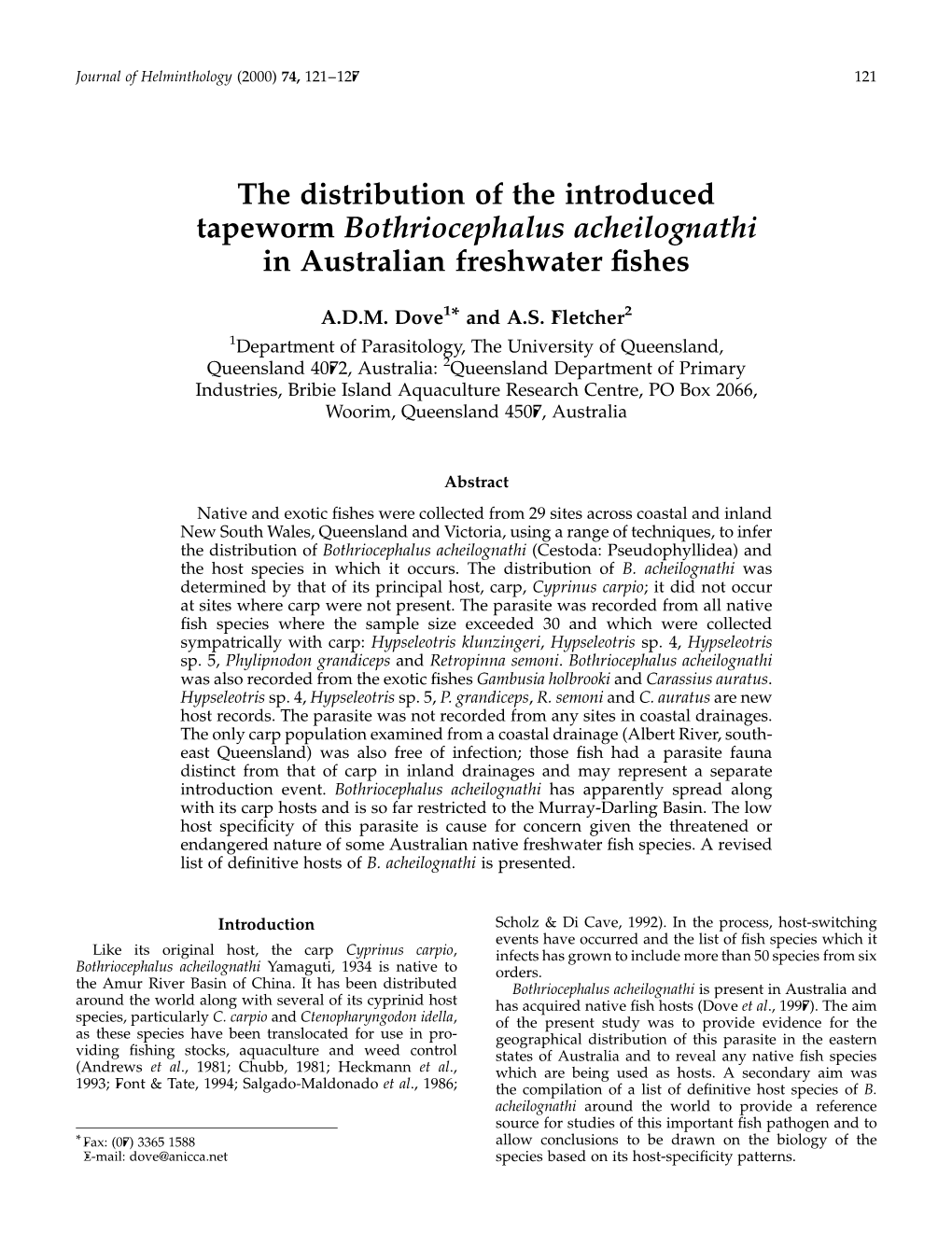 The Distribution of the Introduced Tapeworm Bothriocephalus Acheilognathi in Australian Freshwater ﬁshes