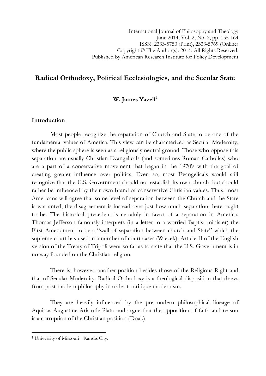 Radical Orthodoxy, Political Ecclesiologies, and the Secular State