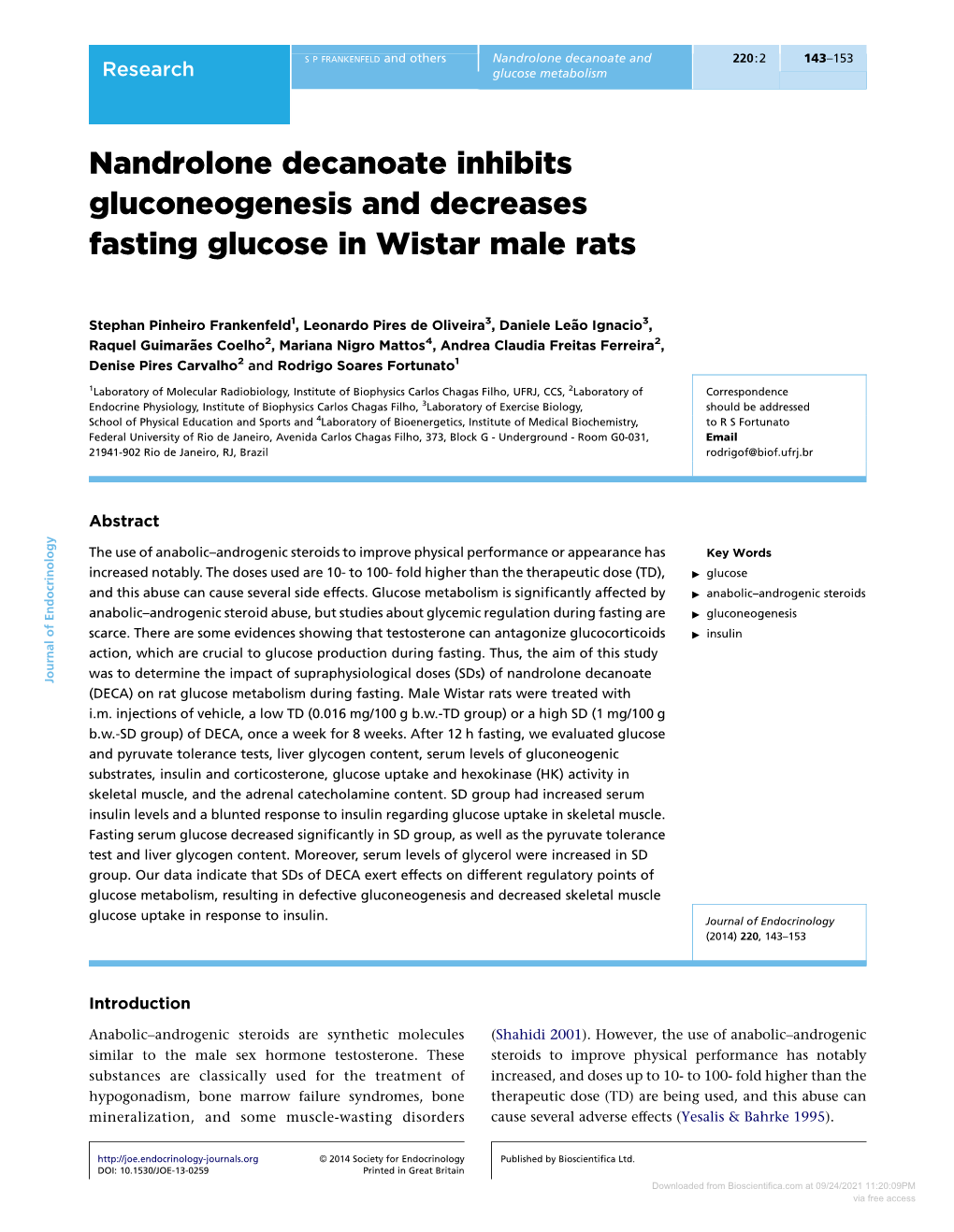 Nandrolone Decanoate Inhibits Gluconeogenesis and Decreases Fasting Glucose in Wistar Male Rats