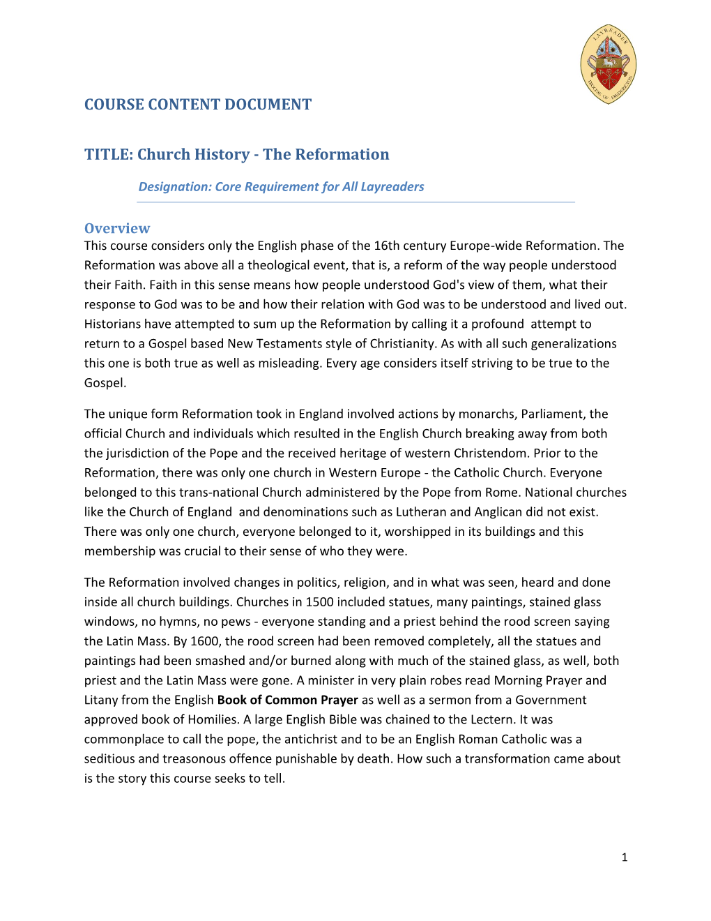 COURSE CONTENT DOCUMENT TITLE: Church History